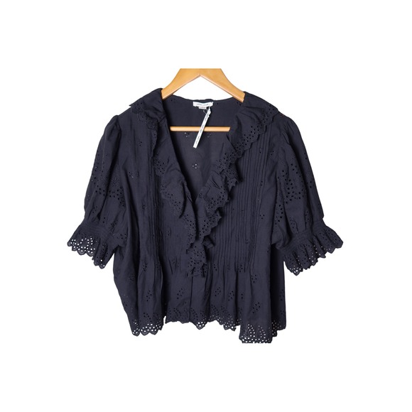 Ultra Pink Tops - Ultra Pink Black Eyelet Ruffle Blouse Women's XL Puff Sleeve Embroidered Boho